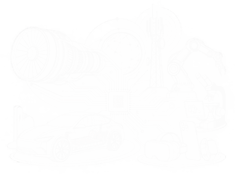 Technical line drawings representing aerospace, automotive, computing, telecommunications, manufacturing, and biotechnology innovation