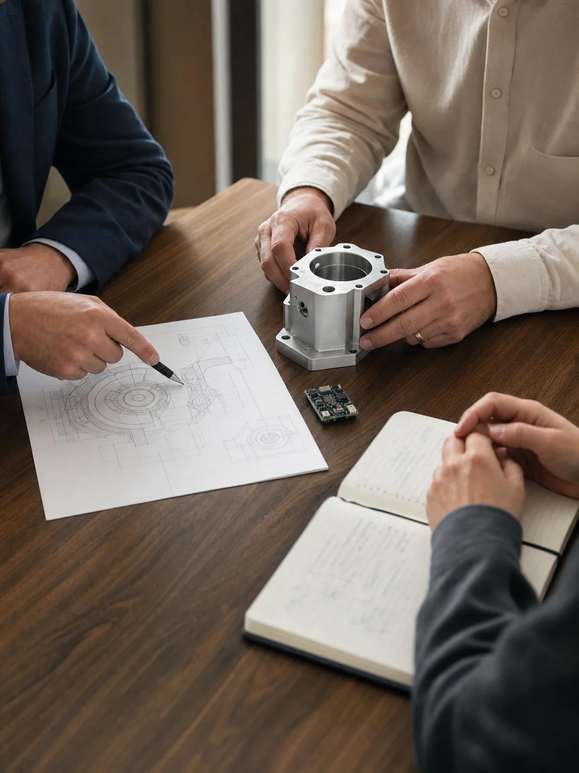 Colleagues reviewing a prototype and technical drawings together